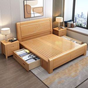 促纯实木床榉木床原木双人床18米1米5卧室储物高箱床现代简约家新