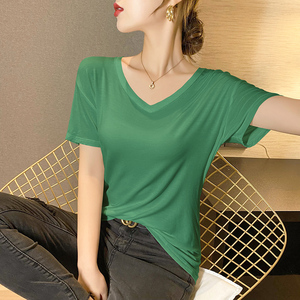 绿色V领莫代尔宽松t恤女冰丝短袖2023韩版新款半袖体桖设计感上衣