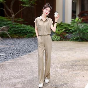 韩国小个子干练气质女装套装夏季轻奢高级感翻领衬衫直筒裤两件套