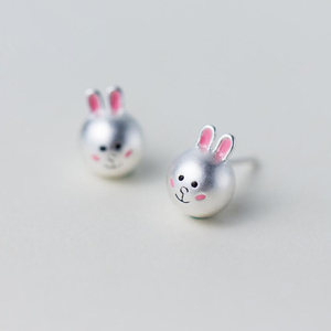 粉耳朵小兔子耳钉日韩s925纯银可爱甜美小动物耳环耳骨钉耳坠饰品