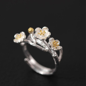 民族风梅花戒指s925银中国风金色小花朵指环开口可调节古风饰品女