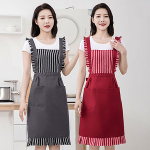 韩版纯棉花边围裙女家用厨房做饭时尚无袖围腰裙透气防油污工作服