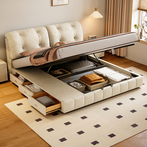 奶油风云朵床猫抓布小户型双人主卧婚床现代简约大软包储物布艺床