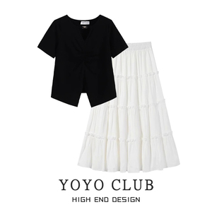 YOYO CLUB甜酷开叉短袖t恤夏季女款套装新款高腰白色a字蛋糕裙子