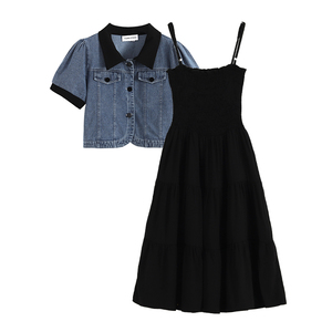 YOYO CLUB大码撞色短袖牛仔外套女夏季法式黑色吊带连衣裙两件套
