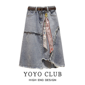 YOYO CLUB大码梨形身材高腰毛边牛仔半身裙早夏不规则显瘦包臀裙
