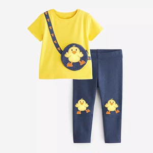 女童黄色挎包短袖T恤小鸭打底裤子2件套儿童纯棉夏装宝宝半袖套装
