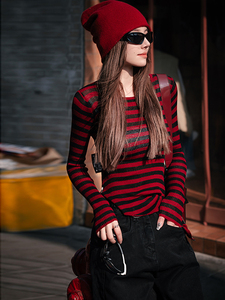 复古红黑条纹针织衫女春秋紧身打底显瘦小衫设计感法式气质小上衣