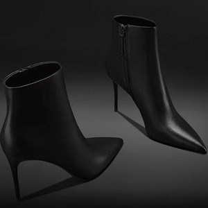 断码品百丽黑色高跟短靴女细跟2023冬季新款尖头性感及踝靴舒适加
