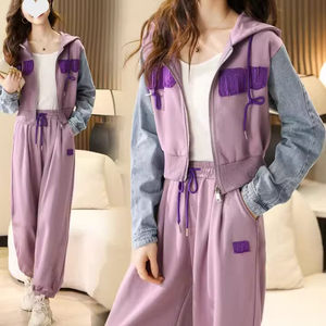 粉紫色休闲卫衣运动套装女春季2023新款小个子显高韩系盐系两件套
