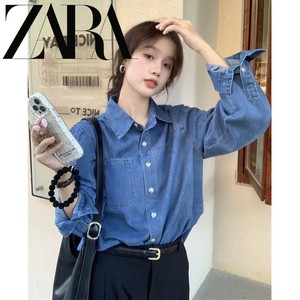 ZARA正品2024新款女士中式上衣蓝色牛仔衬衫内搭打底衬衣长袖外套