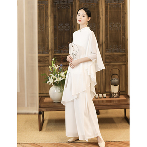 山有色夏季女装新中式国风复古气质飘逸白色雪纺禅意立领茶服套装