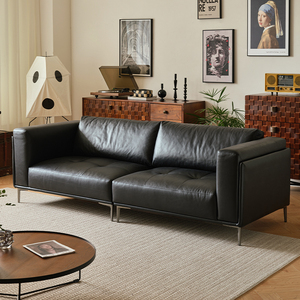 复古客厅沙发头层牛皮中古风小户型设计师双人位美式黑色真皮沙发