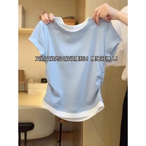 baby蓝假两件短袖T恤女夏季韩版设计感小衫高腰短款洋气卡腰上衣