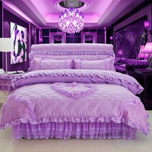 富安娜加棉床裙式四件套床罩床头罩蕾丝花边床单被套1.8m婚庆床品