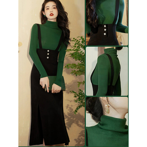 冬装搭配一整套时尚韩剧穿搭盐系轻熟绿色针织衫背带裙两件套装女