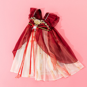 女童连衣裙夏季短袖超仙汉服裙儿童中国风红色礼服女孩古风襦裙子
