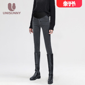 unisunny孕妇裤子2024春秋外穿打底裤紧身牛仔裤春季黑色小脚裤