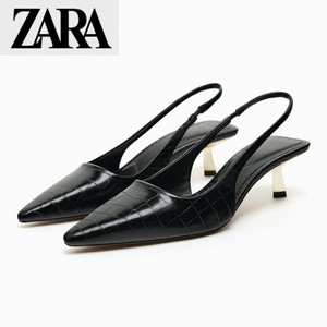ZA秋季新品女鞋黑色金属感鞋跟穆勒鞋露跟鞋尖头石头纹凉鞋子