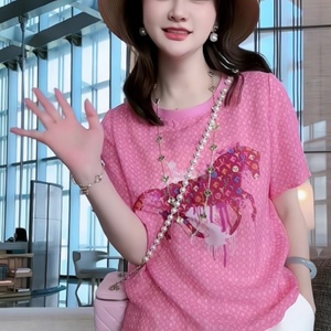 欧货卡通小马图案洋气T短袖t恤女夏季新款粉色圆领套头上衣