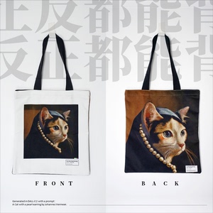 新品Simon阿文戴珍珠耳环的猫双面艺术环保袋帆布袋单肩包带拉链