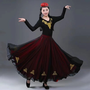 新款新疆舞蹈服大摆裙民族装女艺考半身长款练习裙维吾尔族演出服