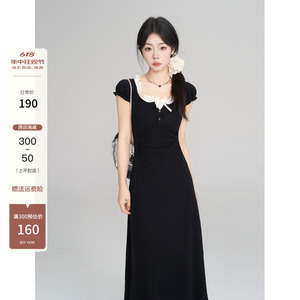 一颗小野莓黑色假两件连衣裙女夏季韩版修身显瘦复古高级感长裙子