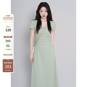 一颗小野莓 2024夏季短袖褶皱设计显瘦时尚气质收腰中长连衣裙女