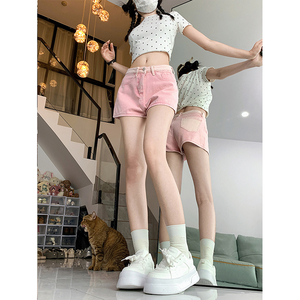 甜美少女感嫩粉色牛仔短裤2024夏季新款设计感高腰阔腿显瘦热裤女