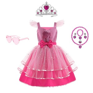 欧美cosplay芭比女孩蓬蓬公主裙粉红可爱蕾丝蛋糕裙儿童生日礼服