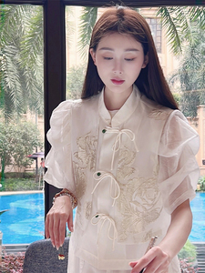 新中式女装国风禅意唐装上衣茶服白色马甲衬衫连衣裙子套装女夏装