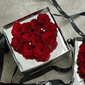 情人节镜面银色love手提盒心形礼盒 玫瑰鲜花插花盒 花艺包装材料