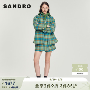 SANDRO Outlet女装休闲蓝绿色格纹衬衫式羊毛毛呢外套SFPOU00479