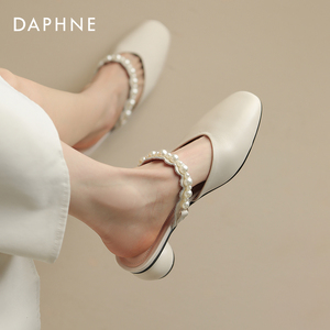 达芙妮包头半拖鞋女外穿2024新款夏季真皮法式珍珠穆勒鞋凉拖鞋女