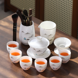 德化白瓷茶具套装家用轻奢高端陶瓷功夫泡茶壶羊脂玉盖碗茶杯中式