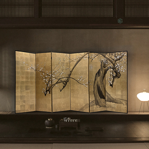 中式茶室金箔手绘屏风复古漆画折叠移动客厅隔断折屏定制装饰背景