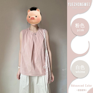 日系复古粉色亚麻无袖衬衫女夏季设计感小众衬衣棉麻小衫背心上衣