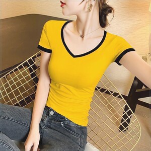 姜黄色V领短袖t恤女2024年新款拼色半袖体恤网红夏季紧身上衣时髦