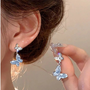 S925银针蝴蝶蓝色新款碎钻耳钉耳坠爆款小众设计高级耳环气质耳饰
