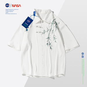 NASA白色衬衫新中式男装中国风上衣夏季高级感刺绣抗皱短袖衬衣