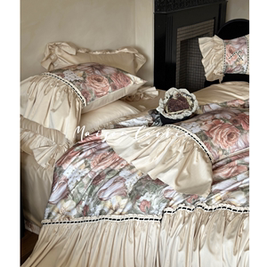 嘉里home |香榭丽舍法式全棉印花床上四件套复古浪漫花边被套床单