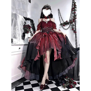 红色花嫁礼服lolita连衣裙洋装洛丽塔前短后长重工拖尾蓬蓬公主裙