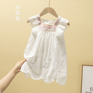 女童刺绣民族风夏装无袖连衣裙2024新款中国风纯棉白色飞袖背心裙