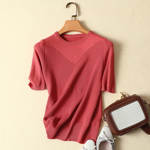 韩国红色冰丝短袖t恤女夏季新款圆领宽松显瘦薄款针织打底衫上衣