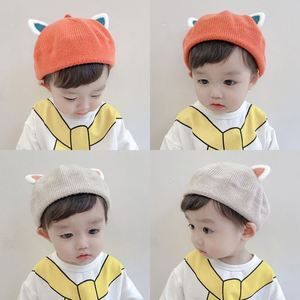 韩版儿童贝雷帽秋冬可爱猫耳朵纯色宝宝毛线帽时尚超萌男女八角帽