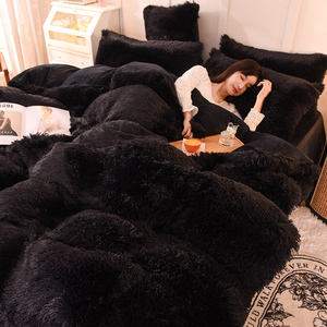 冬季黑色水貂绒四件套长毛绒被套法兰绒床单床笠式韩式床上用品4