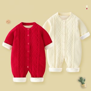 NextRoad婴儿衣服秋冬季新生儿满月加绒毛衣红色女宝宝针织连体衣
