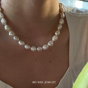 天然大颗粒白色炫彩异形巴洛克淡水珍珠项链锁骨链法式高级优雅