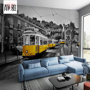 英伦风格黑白电车巴士欧洲街景墙纸咖啡馆餐厅饭店复古背景墙壁纸 阿里巴巴找货神器