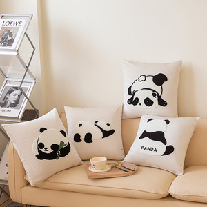 宜家刺绣熊猫抱枕现代简约黑白清新沙发靠垫ins枕套办公室腰靠